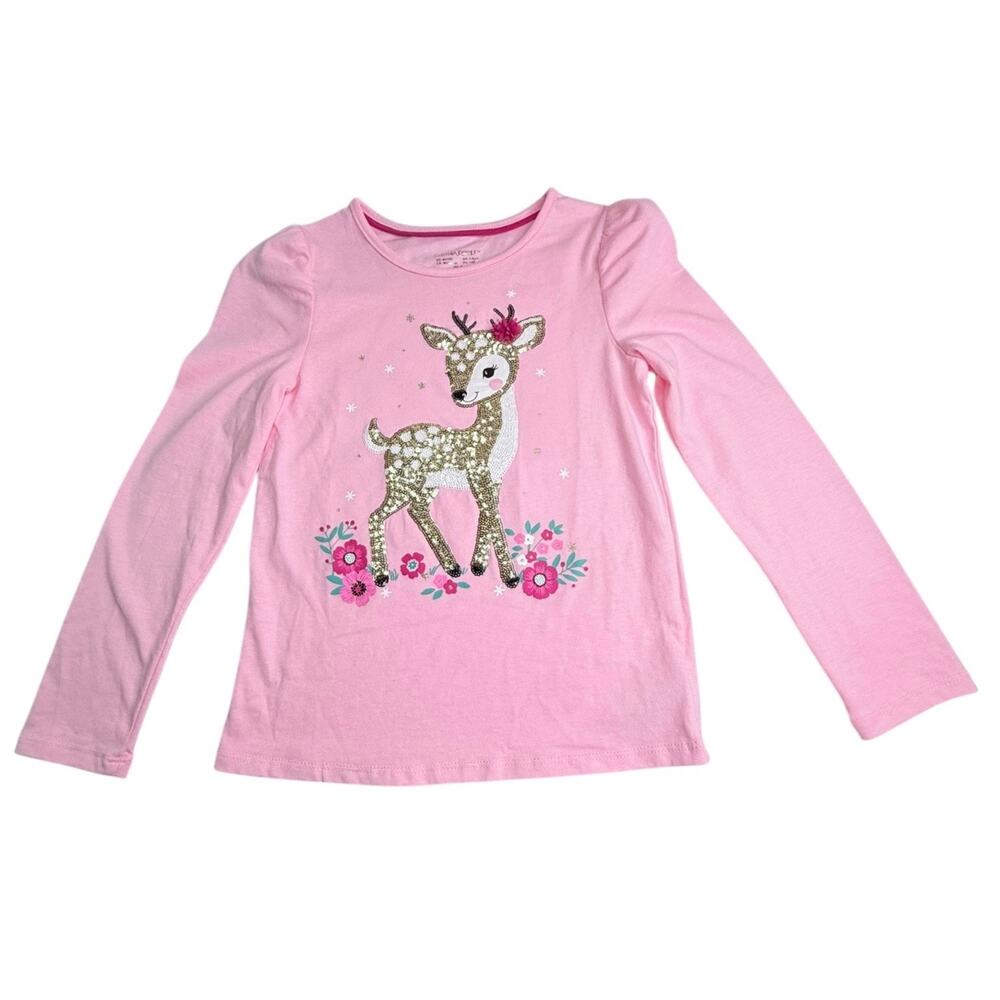 Cynthia Rowley Girls Christmas Shirt 7/8 Pink Gold Sequin Deer Fawn Bambi Top 3D